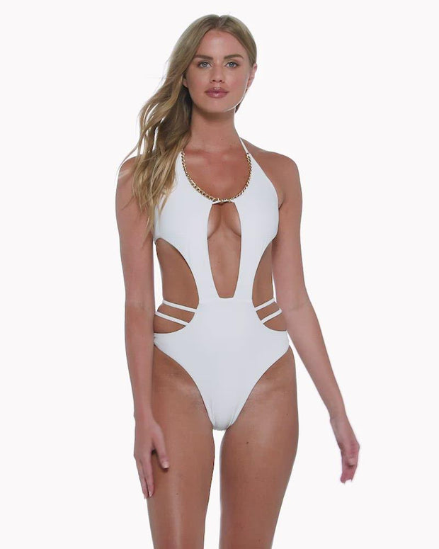 Women's One Piece Swimsuit - Cutout Chain Link Design, Cheeky High Cut, Adjustable Strap, Tummy Control